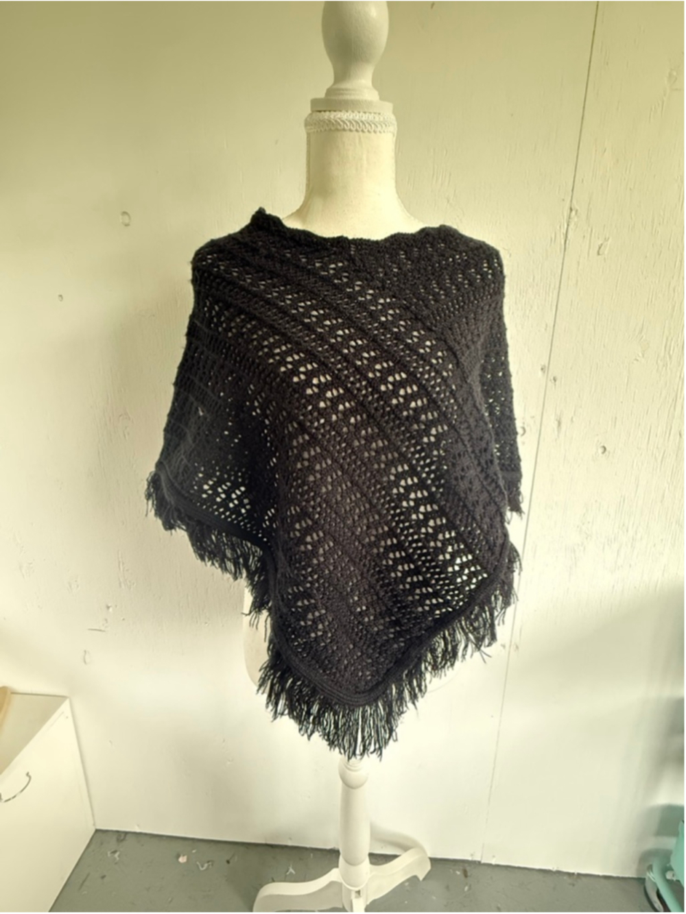 Vintage Star City Black Crochet Fringe Poncho Boho Y2K